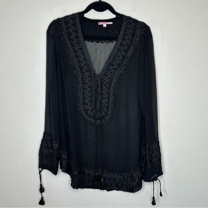 Calypso St. Barth‎ Black Silk Embroidered Sheer Tunic Blouse Medium Whimsigoth